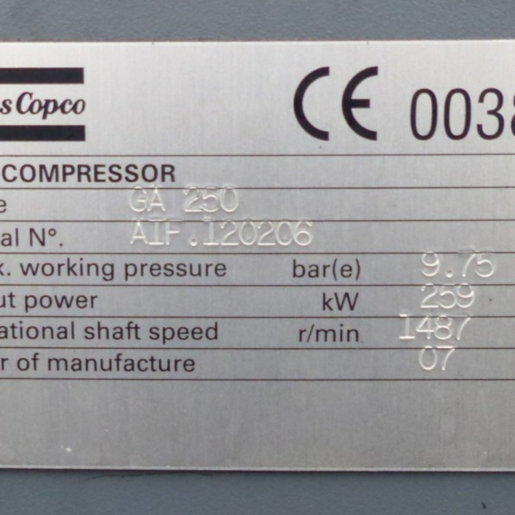 010853 Atlas Copco GA 250 FF GA250FF 20